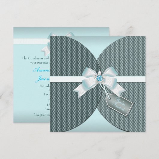  Blauwgroen huwelijksuitnodiging met juwelen Kaart (Voorkant / Achterkant)