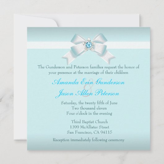  Blauwgroen huwelijksuitnodiging met juwelen Kaart (Achterkant)