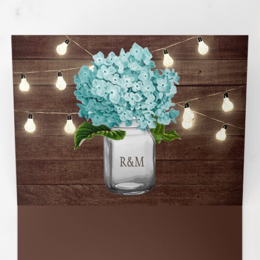 Blauwgroen Hydrangea Mason Jar String Lights Weddi Drieluik Uitnodiging (Binnenzijde eerst)