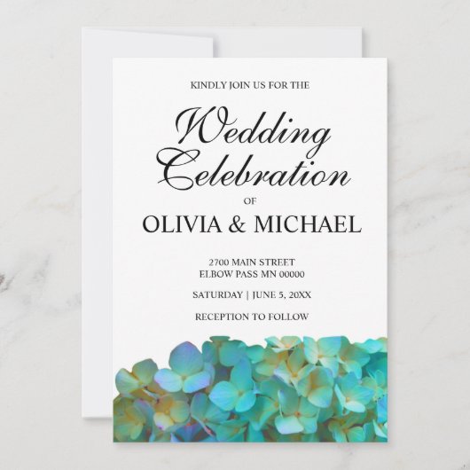 Blauwgroen hydrangeas, theeblauwe paarse bloemen kaart (Voorkant)