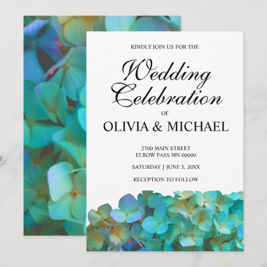 Blauwgroen hydrangeas, theeblauwe paarse bloemen kaart (Voorkant / Achterkant)