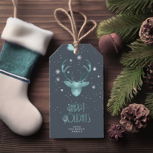 Blauwgroen ID861 van Deer Antlers & SneeuwKerstmis Cadeaulabel