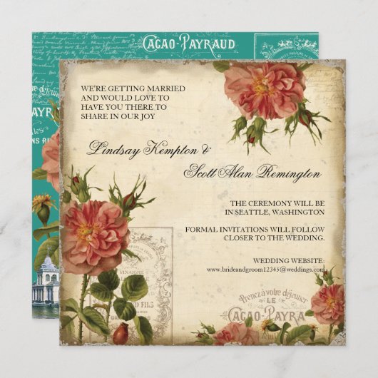 Blauwgroen in Cream  Eiffeltoren Sparen de Datum Kaart (Voorkant / Achterkant)