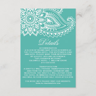 Blauwgroen Indiase Paisley Wedding Details Invoege Informatiekaartje