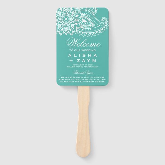 Blauwgroen Indiase Paisley Wedding Programme Handwaaier (Voorkant)