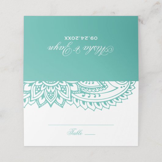 Blauwgroen Indische Paisley Wedding Plaatskaartje (Buitenkant ongevouwen)