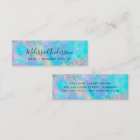 Blauwgroen Iridescent Holographic Glitter Mini Visitekaartje (Voorkant / Achterkant)