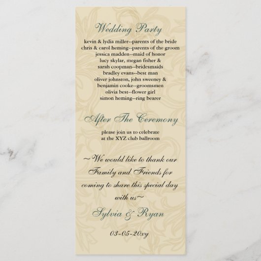 Blauwgroen ivoorkust Vlaamse bruiloft Programmakaart (Achterkant)