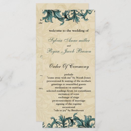 Blauwgroen ivoorkust Vlaamse bruiloft Programmakaart (Voorkant / Achterkant)
