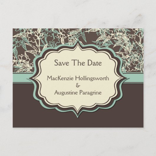 Blauwgroen ivoren bruine bloem Bewaar de datum Aankondigingskaart (Voorkant)