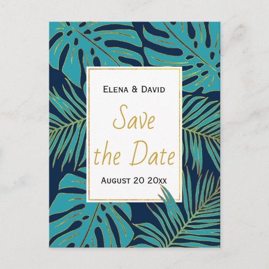 Blauwgroen, jachttropische bladeren bruiloft Bespa Aankondigingskaart (Voorkant)