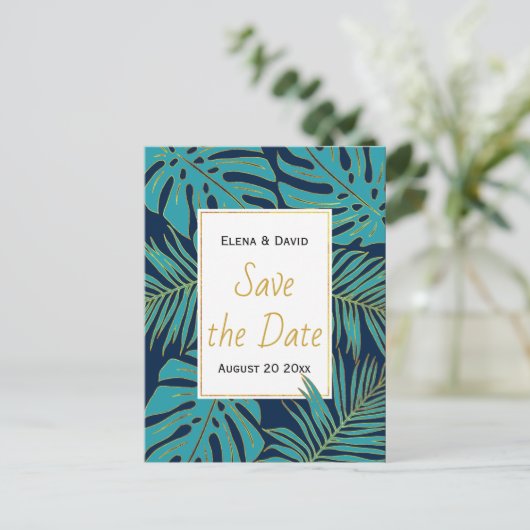 Blauwgroen, jachttropische bladeren bruiloft Bespa Aankondigingskaart (Staand voorkant)