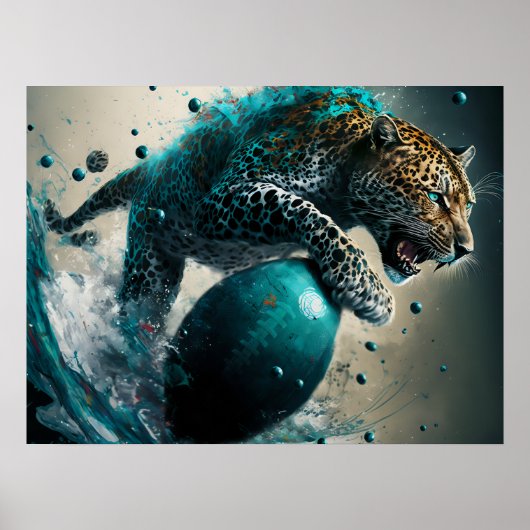 Blauwgroen jaguar en football poster (Voorkant)