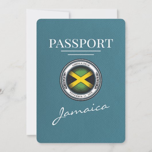 Blauwgroen Jamaica Passport bruiloft uitnodiging (Achterkant)