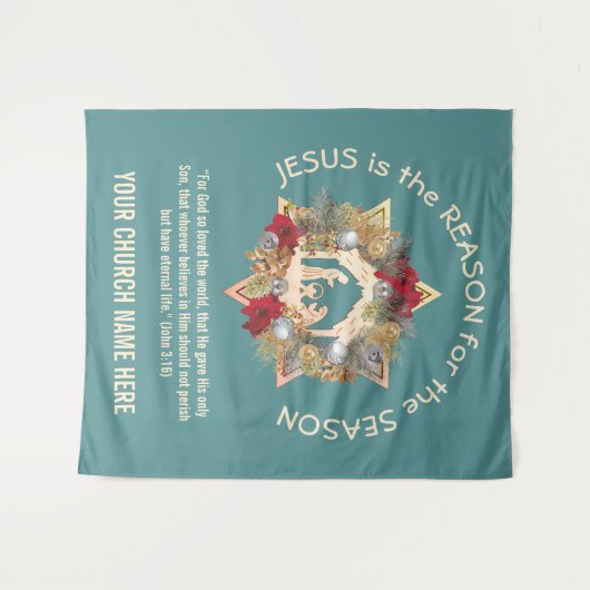 Blauwgroen JESUS IS DE REDEN VOOR kersttapage Wandkleed (Voorkant (horizontaal))