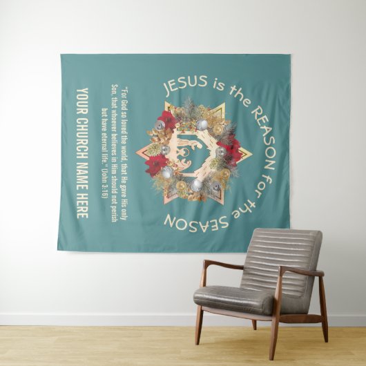 Blauwgroen JESUS IS DE REDEN VOOR kersttapage Wandkleed (In Situ (horizontaal))