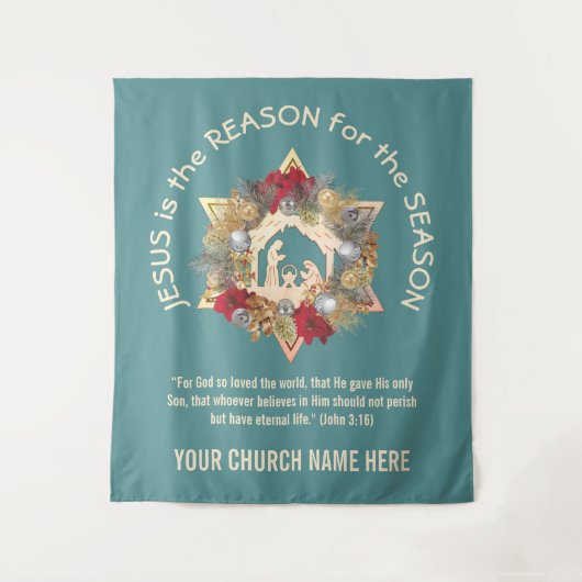 Blauwgroen JESUS IS DE REDEN VOOR kersttapage Wandkleed (Voorkant)