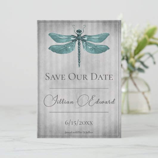 Blauwgroen Jeweled Dragonfly Save the Date Aankondiging (Staand voorkant)