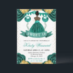 Blauwgroen jurk Donkere huid Princess Sweet 16 Kaart<br><div class="desc">Elegante waterverf dark skin princess in Blauwgroen dressontwerp met Blauwgroen en goudbloemen,  ballonnen en gouden glitter confetti.</div>