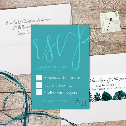 Blauwgroen kalligrafie Script bruiloft RSVP Kaart