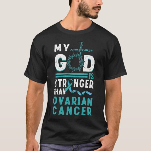Blauwgroen kankercel Mijn God Sterker dan Ovarian  T-shirt (Voorkant)
