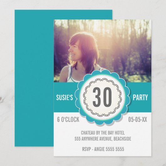 Blauwgroen kant foto 30ste verjaardagsfeestje uitn kaart (Voorkant / Achterkant)