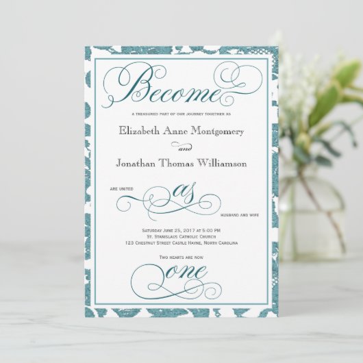 Blauwgroen kant wordt één Christelijke bruiloft Kaart (Staand voorkant)