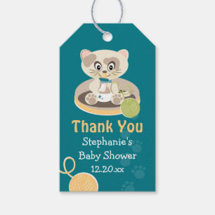 Blauwgroen kat in het Baby shower van Diapers Dank Cadeaulabel