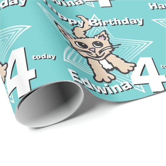 Blauwgroen kat voeg je geboortedatum en -datum toe cadeaupapier (Rol Hoek)