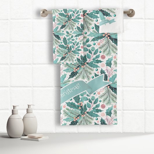 Blauwgroen Kerst Holly Berries Patroon#17 ID1009 Bad Handdoek
