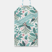 Blauwgroen Kerst Holly Berries Patroon#17 ID1009 Cadeaulabel (Voorkant)