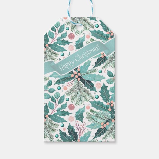Blauwgroen Kerst Holly Berries Patroon#17 ID1009 Cadeaulabel (Voorkant)