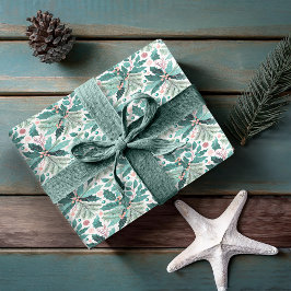 Blauwgroen Kerst Holly Berries Patroon#17 ID1009 Cadeaupapier