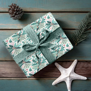 Blauwgroen Kerst Holly Berries Patroon#17 ID1009 Cadeaupapier