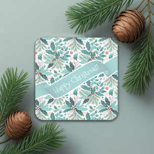 Blauwgroen Kerst Holly Berries Patroon#17 ID1009 Kartonnen Onderzetters