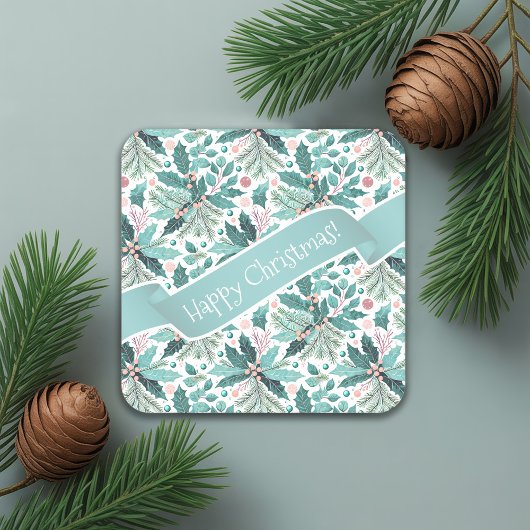 Blauwgroen Kerst Holly Berries Patroon#17 ID1009 Kartonnen Onderzetters