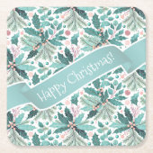 Blauwgroen Kerst Holly Berries Patroon#17 ID1009 Kartonnen Onderzetters (Voorkant)