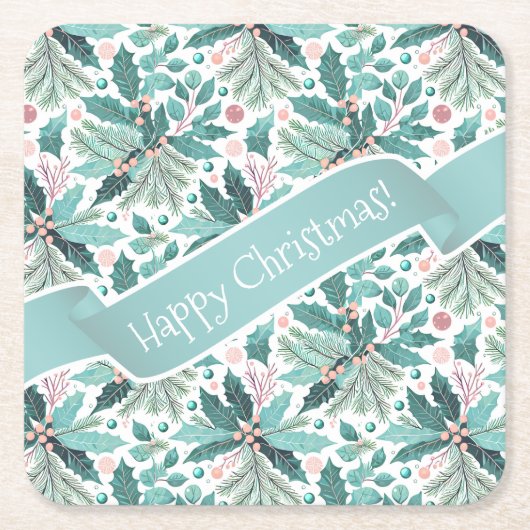 Blauwgroen Kerst Holly Berries Patroon#17 ID1009 Kartonnen Onderzetters (Voorkant)