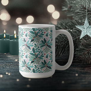 Blauwgroen Kerst Holly Berries Patroon#17 ID1009 Koffiemok