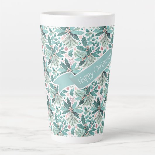 Blauwgroen Kerst Holly Berries Patroon#17 ID1009 Latte Mok (Voorkant)