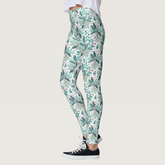 Blauwgroen Kerst Holly Berries Patroon#17 ID1009 Leggings (Links)