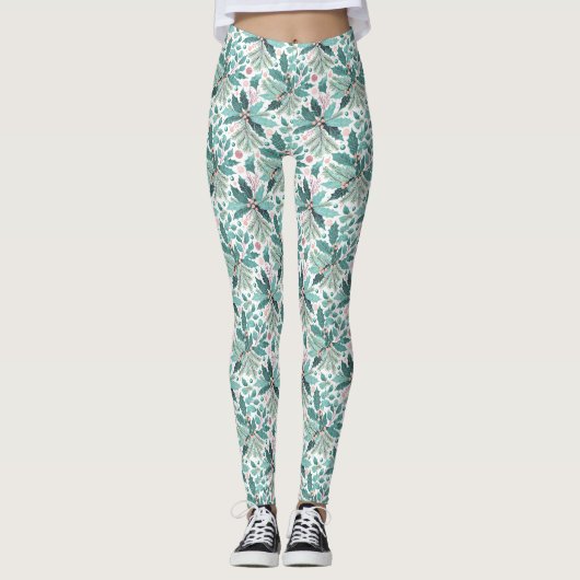 Blauwgroen Kerst Holly Berries Patroon#17 ID1009 Leggings (Voorkant)
