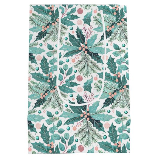 Blauwgroen Kerst Holly Berries Patroon#17 ID1009 Medium Cadeauzakje (Achterkant)