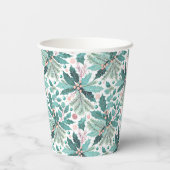 Blauwgroen Kerst Holly Berries Patroon#17 ID1009 Papieren Bekers (Achterkant)