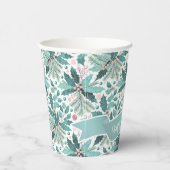 Blauwgroen Kerst Holly Berries Patroon#17 ID1009 Papieren Bekers (Rechts)