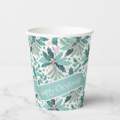 Blauwgroen Kerst Holly Berries Patroon#17 ID1009 Papieren Bekers (Voorkant)