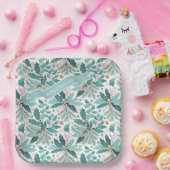 Blauwgroen Kerst Holly Berries Patroon#17 ID1009 Papieren Bordje (Feest)