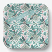 Blauwgroen Kerst Holly Berries Patroon#17 ID1009 Papieren Bordje (Voorkant)