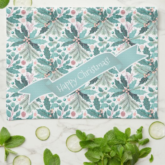 Blauwgroen Kerst Holly Berries Patroon#17 ID1009 Theedoek (Gevouwen)