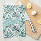 Blauwgroen Kerst Holly Berries Patroon#17 ID1009 Theedoek (Quarter Fold)